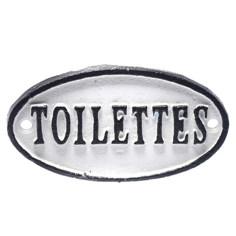 Cast iron oval "toilettes" sign - White
