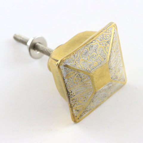 Square gold and white embossed pull with paisley pattern