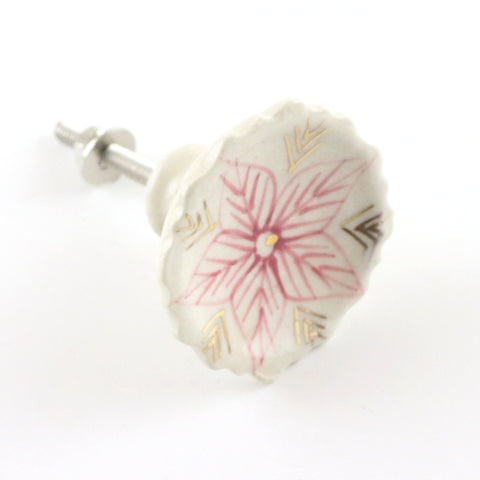 Saucer shaped ceramic pull with hand painted, pink and gold flower motif