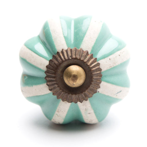Ceramic pumpkin pull-teal/white stripe