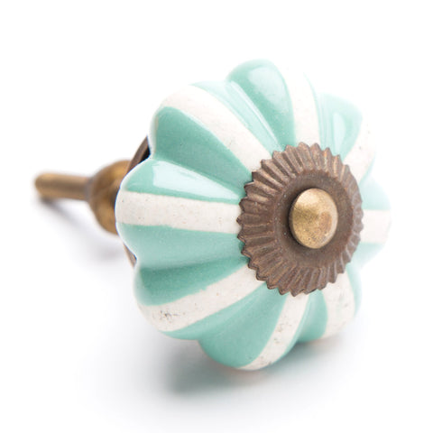 Ceramic pumpkin pull-teal/white stripe
